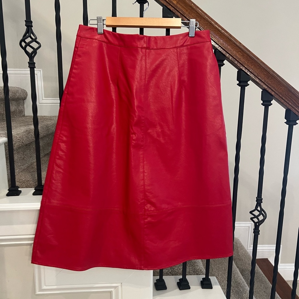 Anthropologie Red Faux-Leather Midi Skirt